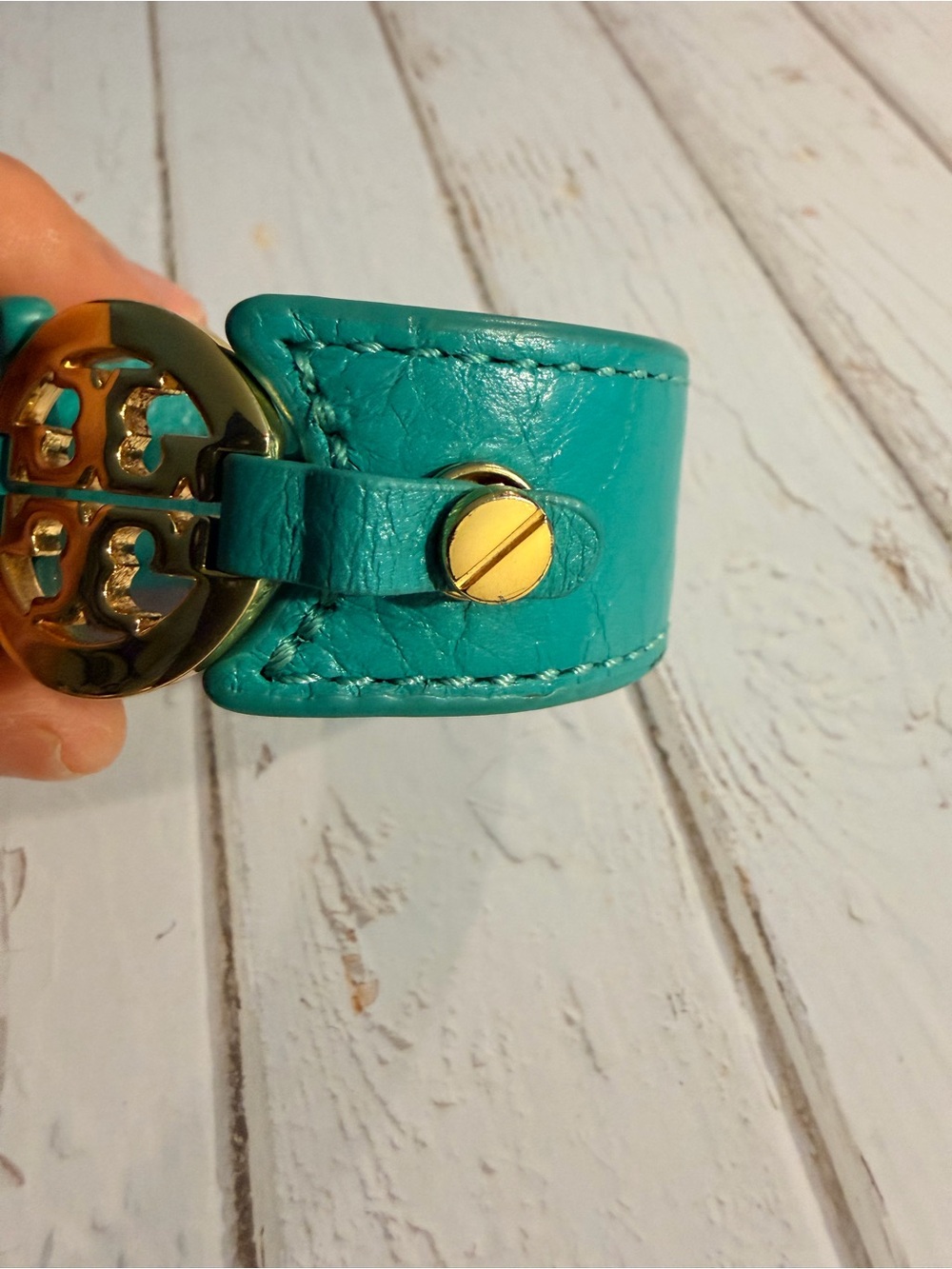 Tory Burch Teal Leather Logo Cuff with Gold Medallion - Picture 8 of 11